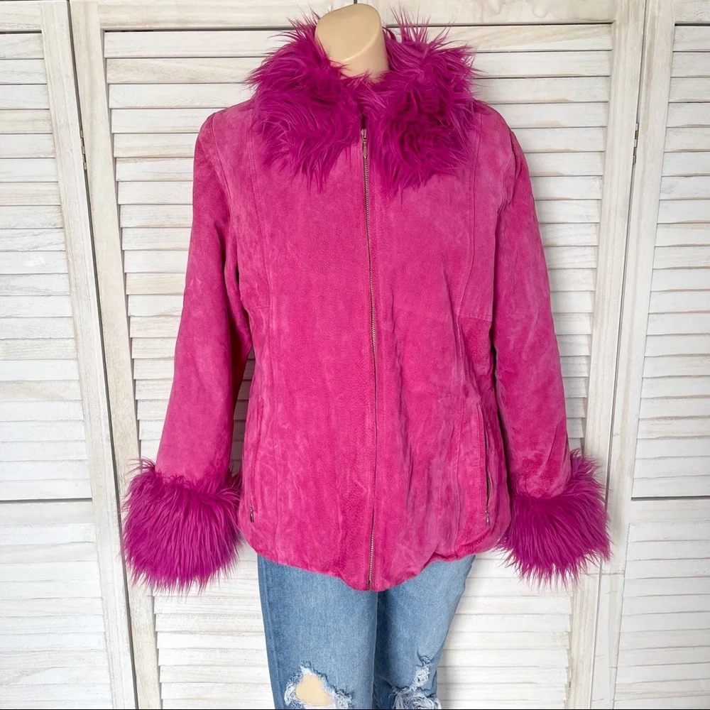 WILSONS LEATHER MAXIMA 90s PINK LEATHER W/ FAUX FUR TRIM COAT - Picture 2 of 14